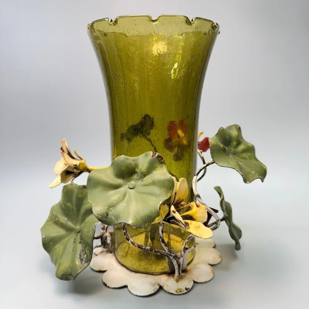 Vintage Walter Hatches Floral Tole Green Hurricane Glass Table Candle Holder